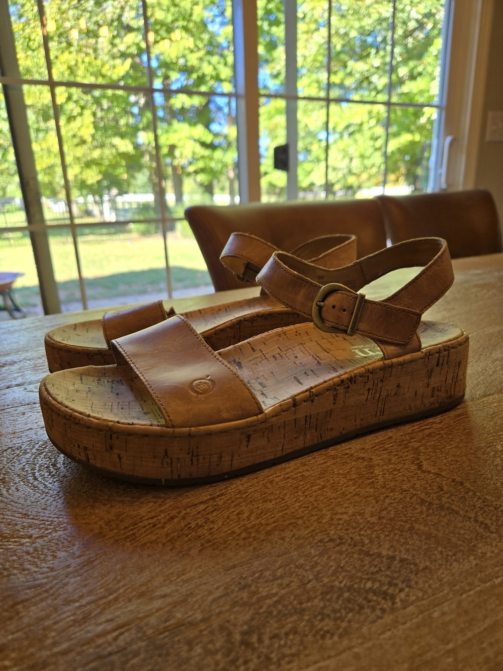 Born Brown Leather Cork Platform Sandals Size 9M Adjustable Strap